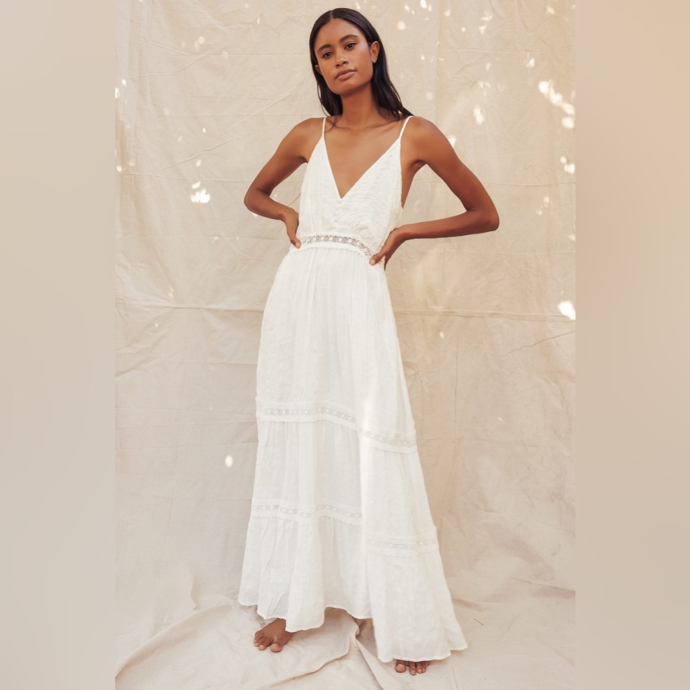 Light Breeze White Striped Crochet Lace Tiered Maxi Dress Lulus